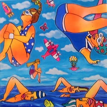 Peinture intitulée "Plongeuses et nageu…" par Gisèle Cazilhac, Œuvre d'art originale, Acrylique Monté sur artwork_cat.