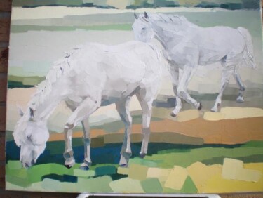 Painting titled "chevaux blancs" by Gisele Ceccarelli, Original Artwork, Oil