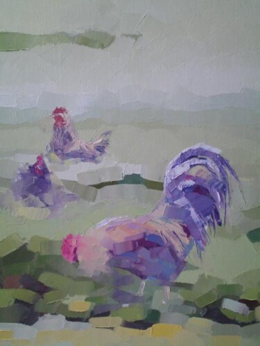 Painting titled "poule et coq" by Gisele Ceccarelli, Original Artwork