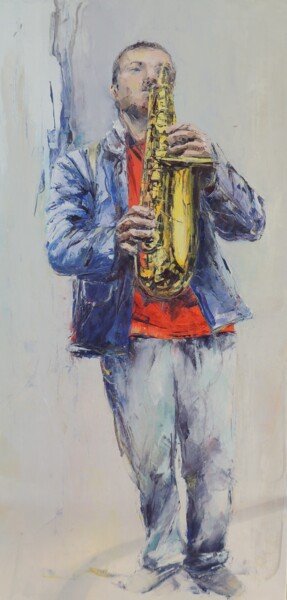 Malerei mit dem Titel "saxophoniste" von Gisele Ceccarelli, Original-Kunstwerk, Öl