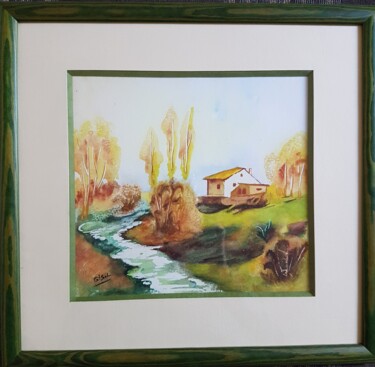 Painting titled "Le moulin de la riv…" by Gisele Hamon, Original Artwork, Watercolor Mounted on Cardboard