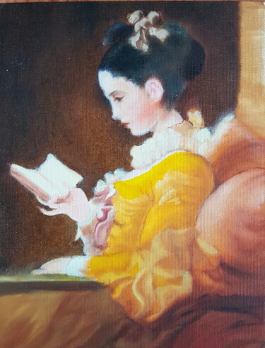 Peinture intitulée "La liseuse d'après…" par Gisele Hamon, Œuvre d'art originale, Huile Monté sur Carton