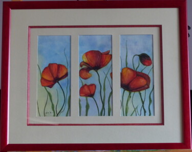Painting titled "Les coquelicots" by Gisele Hamon, Original Artwork, Watercolor Mounted on Glass