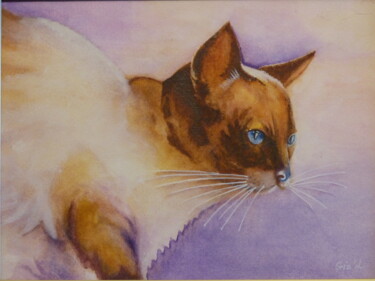 Painting titled "Chat à l’affût" by Gisele Hamon, Original Artwork, Watercolor Mounted on Cardboard