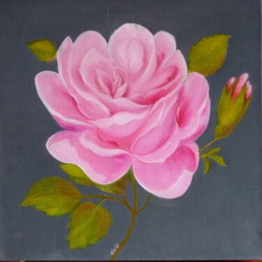 Painting titled "La rose épanouie" by Gisele Hamon, Original Artwork, Oil Mounted on Wood Stretcher frame