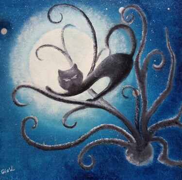 Painting titled "Chat sous la lune" by Gisele Hamon, Original Artwork, Oil Mounted on Cardboard