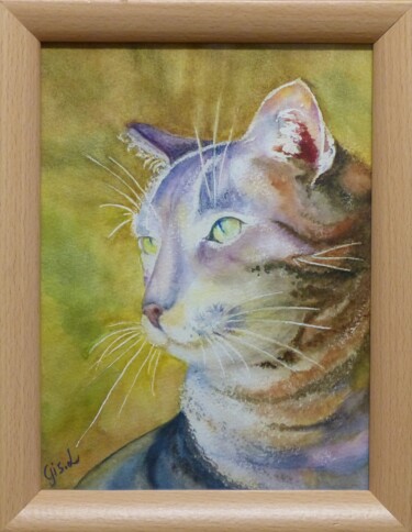 Painting titled "Chat tigré" by Gisele Hamon, Original Artwork, Watercolor Mounted on Cardboard