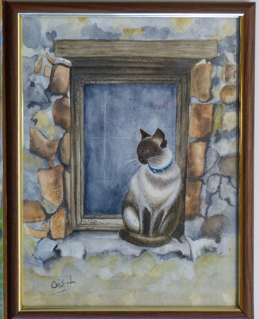 Painting titled "Chat siamois" by Gisele Hamon, Original Artwork, Watercolor Mounted on Cardboard