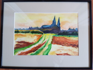 Painting titled "Coucher de soleil s…" by Gisele Hamon, Original Artwork, Watercolor Mounted on Cardboard