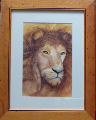 Peinture intitulée "Lion fourbu" par Gisele Hamon, Œuvre d'art originale, Aquarelle Monté sur Carton