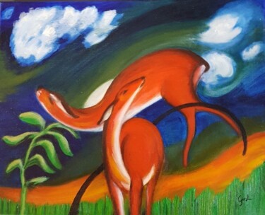 Peinture intitulée "Chevreuils rouges" par Gisele Hamon, Œuvre d'art originale, Huile Monté sur Châssis en bois
