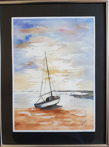 Painting titled "Marée basse" by Gisele Hamon, Original Artwork, Watercolor Mounted on Cardboard