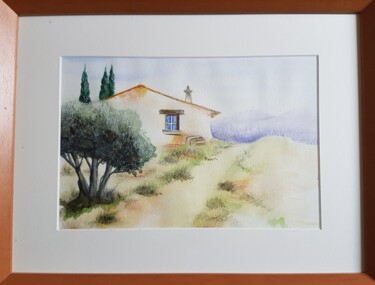 Painting titled "Le mas provençal" by Gisele Hamon, Original Artwork, Watercolor Mounted on Cardboard