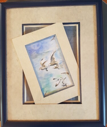 Painting titled "Mouettes au-dessus…" by Gisele Hamon, Original Artwork, Watercolor Mounted on Cardboard