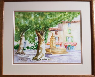 Painting titled "Place de la fontaine" by Gisele Hamon, Original Artwork, Watercolor Mounted on Cardboard