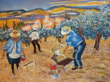 Peinture intitulée "ramassage des olives" par Gisele Perron, Œuvre d'art originale, Huile