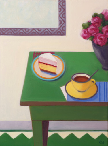 Painting titled "Tea with Cake" by Giselle Ayupova, Original Artwork, Oil Mounted on Wood Stretcher frame