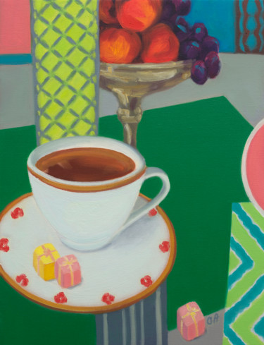 Painting titled "Tea with Bonbons" by Giselle Ayupova, Original Artwork, Oil Mounted on Wood Stretcher frame