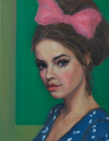 Pittura intitolato "Young Woman with a…" da Giselle Ayupova, Opera d'arte originale, Olio Montato su Telaio per barella in l…