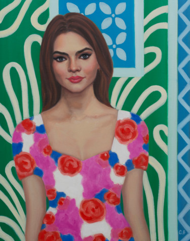 Painting titled "Woman In Floral Dre…" by Giselle Ayupova, Original Artwork, Oil Mounted on Wood Stretcher frame