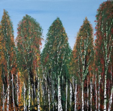 Painting titled "Birch Tree Forest" by Gitika Singh, Original Artwork, Acrylic Mounted on Wood Stretcher frame