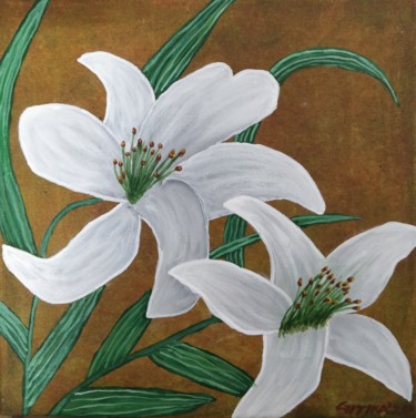 Painting titled "White Lily Flowers" by Gitika Singh, Original Artwork, Acrylic Mounted on Wood Stretcher frame