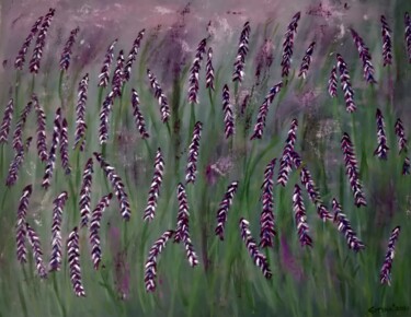 Schilderij getiteld "Lavender Flower Fie…" door Gitika Singh, Origineel Kunstwerk, Acryl Gemonteerd op Frame voor houten bra…