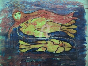 Malerei mit dem Titel "Nymphe und Fische" von Gitty Amani, Original-Kunstwerk, Öl