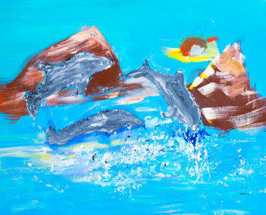 Painting titled "DOLPHIN SHOW" by Giulia Pintea, Original Artwork, Acrylic Mounted on Wood Stretcher frame