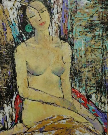 Painting titled "la ragazza con l'or…" by Giulio Ciccarone, Original Artwork, Acrylic Mounted on Wood Stretcher frame