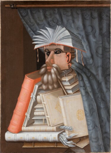 Painting titled "Le Bibliothécaire" by Giuseppe Arcimboldo, Original Artwork, Oil