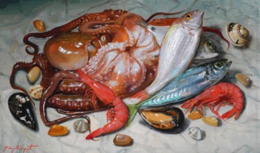 Pittura intitolato "still life with fish" da Giuseppe Cacciapuoti, Opera d'arte originale, Olio