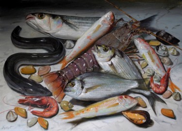 Pittura intitolato "natura morta di pes…" da Giuseppe Cacciapuoti, Opera d'arte originale