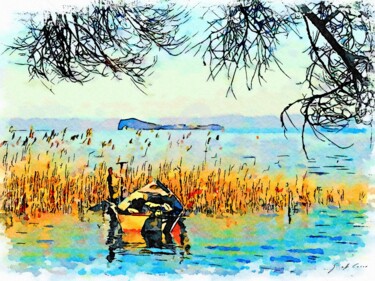 Arte digitale intitolato "Barca e canneto sul…" da Giuseppe Cocco, Opera d'arte originale, Acquarello