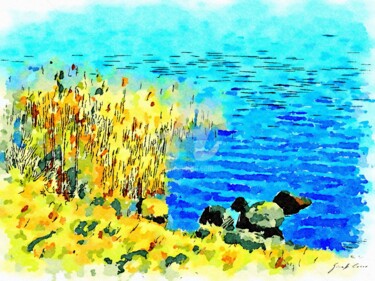 Arte digitale intitolato "Sponda del lago con…" da Giuseppe Cocco, Opera d'arte originale, Acquarello