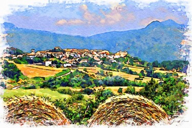 Balle di fieno con vista sul borgo Digital Arts titled "Balle di fieno con…" by Giuseppe Cocco, Original Art, Watercolor