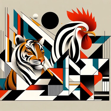 Digital Arts titled "Tigre e gallo #2" by Giuseppe Cristadoro, Original Artwork, AI generated image