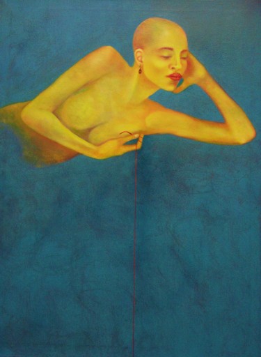 Painting titled "filorosso blu" by Giuseppe Jobin Tanzi, Original Artwork, Oil