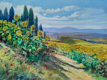 Painting titled "Sunflowers valley -…" by Giuseppe Landi, Original Artwork, Oil Mounted on Wood Stretcher frame