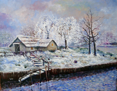 Pittura intitolato "Neve-sul-fiume-50x40" da Giuseppe Mancuso, Opera d'arte originale, Olio