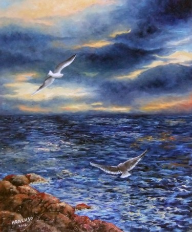 Painting titled "Volo di gabbiani" by Giuseppe Mancuso, Original Artwork, Oil