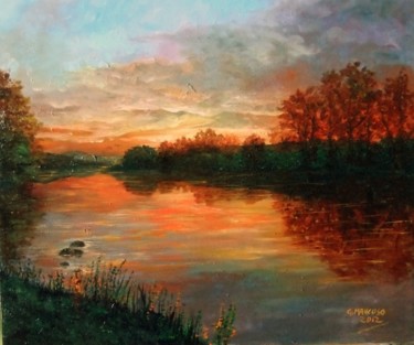 Painting titled "Tramonto Lacustre" by Giuseppe Mancuso, Original Artwork, Oil