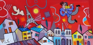 Pittura intitolato "Ciel rouge sur Paris" da Giuseppe Piermattéo, Opera d'arte originale, Acrilico