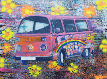 Painting titled "Kombi 70's Time tra…" by Giuseppe Valia, Original Artwork, Acrylic Mounted on Wood Stretcher frame