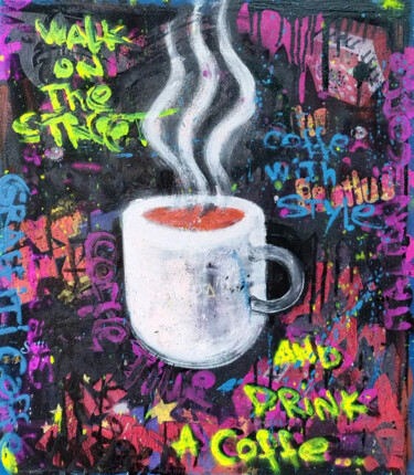 Schilderij getiteld "Street Coffe" door Giuseppe Valia, Origineel Kunstwerk, Graffiti Gemonteerd op Frame voor houten branca…