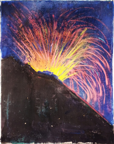 Ζωγραφική με τίτλο "Etna's fury" από Giuseppe Valia, Αυθεντικά έργα τέχνης, Σπρέι βαφής Τοποθετήθηκε στο Ξύλινο φορείο σκελε…