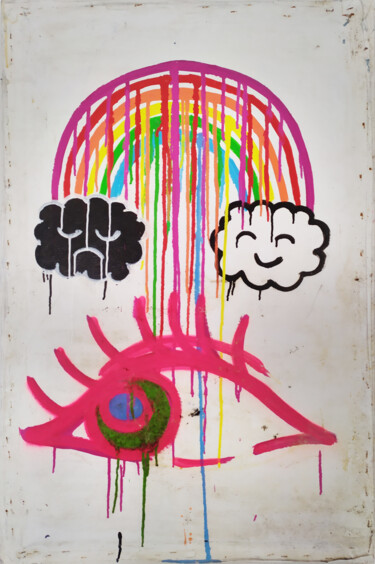 Painting titled "Rainbow is in your…" by Giuseppe Valia, Original Artwork, Spray paint Mounted on Wood Stretcher frame
