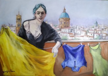 Ζωγραφική με τίτλο "PANNI AL SOLE" από Giuseppina Federico, Αυθεντικά έργα τέχνης, Λάδι Τοποθετήθηκε στο Ξύλινο φορείο σκελε…