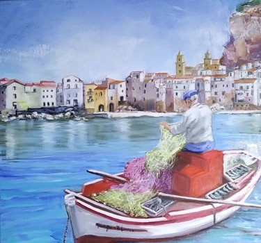 Painting titled "CEFALU'" by Giuseppina Federico, Original Artwork, Oil Mounted on Wood Stretcher frame