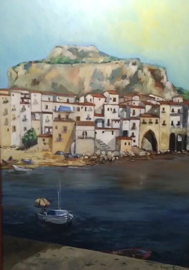 Painting titled "MOLO di Cefalù" by Giuseppina Federico, Original Artwork, Oil Mounted on Wood Stretcher frame
